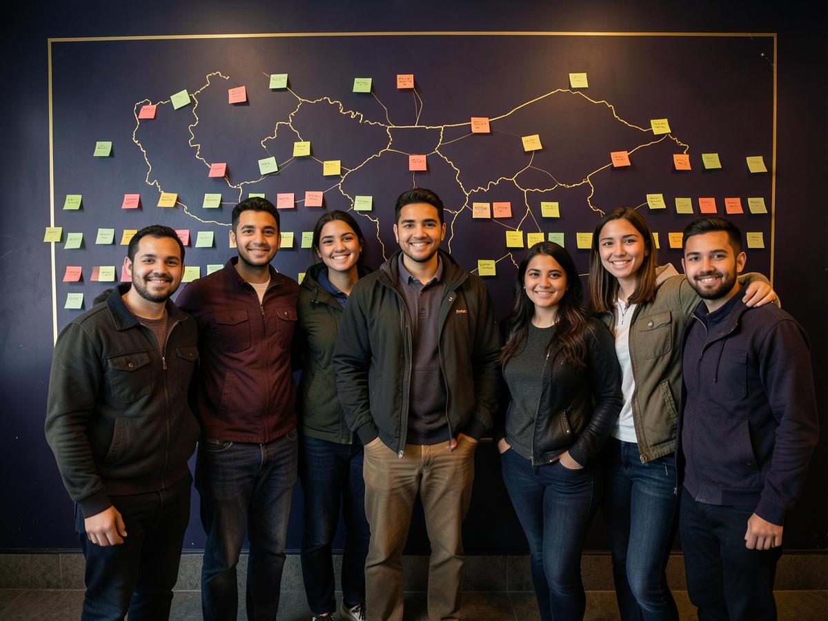 Equipo joven frente a un mural con el mapa del reto